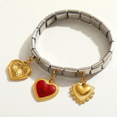 Brazalete italiano mixto charms corazones, Bafy joyeria.