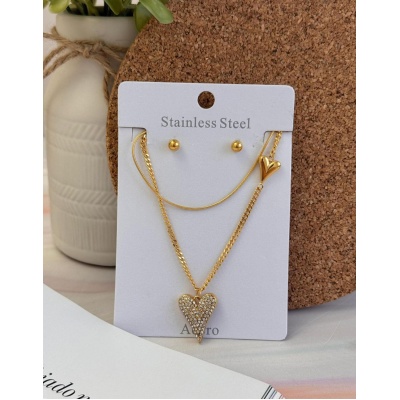 Juego collar corazón circonias, acero inoxidable, Bafy joyeria.